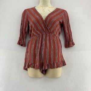 Blu‎ Pepper L Romper Rust Striped Surplice Ruffle 3/4 Sleeve  European Summer
